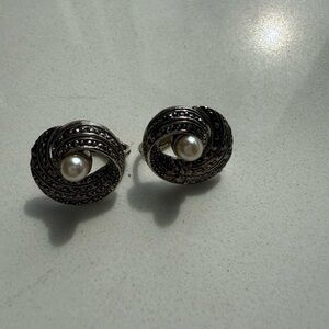 Elegant Silver Tone and Pearl Earrings, Clip On